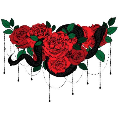 Bir buket gül ve bir yılan. Renkli botanik çizgisi çizimi. Robot resim. Gotik klasik dövme..