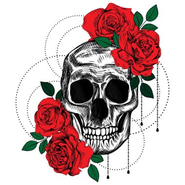 Bir buket gül ve kafatası. Renkli botanik çizgisi çizimi. Robot resim. Gotik klasik dövme..