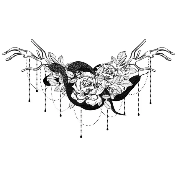 Μπουκέτο Τριαντάφυλλα Φίδια Και Κέρατα Βοτανική Γραμμή Εικονογράφηση Τέχνης Σκίτσο — Διανυσματικό Αρχείο
