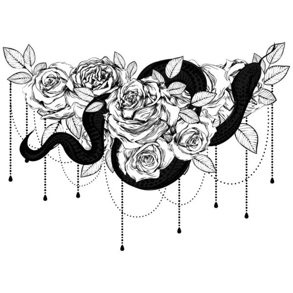 Bouquet Roses Snake Botanical Line Art Illustration Sketch Gothic Vintage — Stock Vector