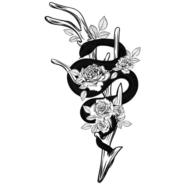 Bouquet Roses Snake Horns Botanical Line Art Illustration Sketch Gothic — Stock Vector