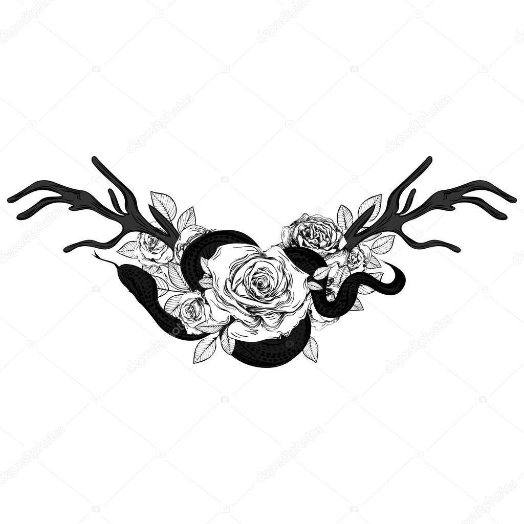 Bouquet of roses, snake and horns. Botanical line art illustration. Sketch. Gothic vintage tattoo.