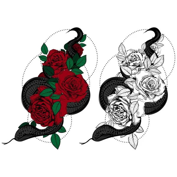 Vintage Roses Snakes Set Gothic Tattoos Collection Graphic Color Isolated — Stock Vector