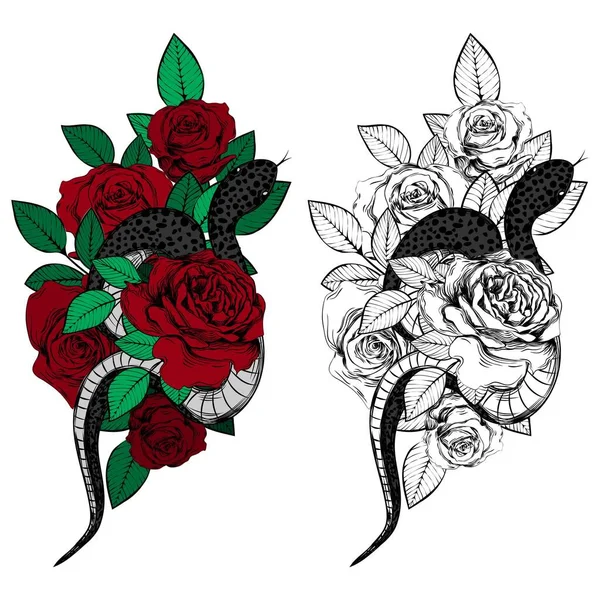 Vintage Roses Snakes Set Gothic Tattoos Collection Graphic Color Isolated — Stock Vector