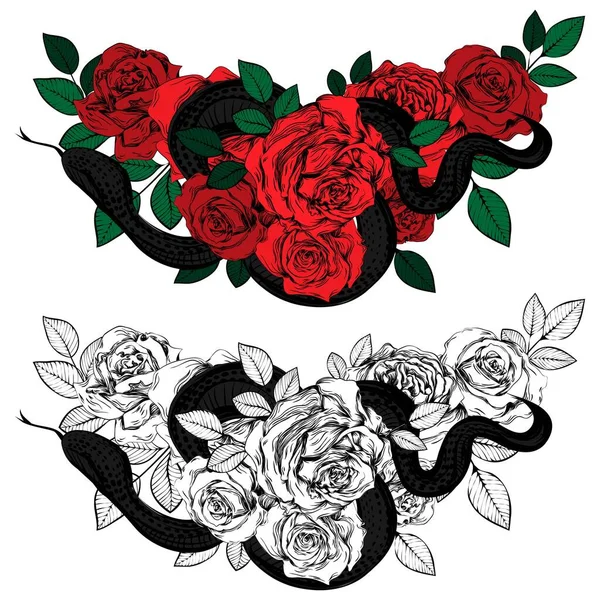 Vintage Roses Snakes Set Gothic Tattoos Collection Graphic Color Isolated — Stock Vector