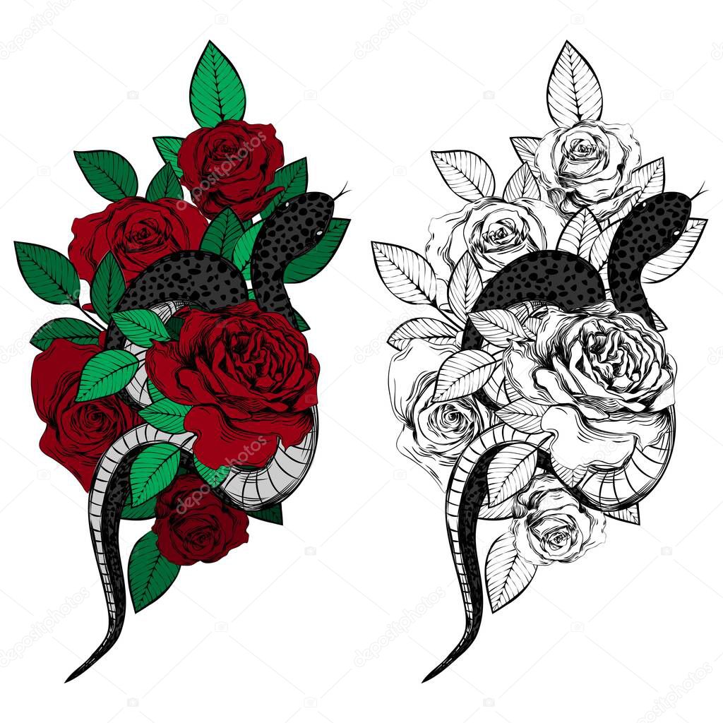 Vintage roses and snakes. Set of gothic tattoos. Collection of graphic and color isolated vector illustrations.