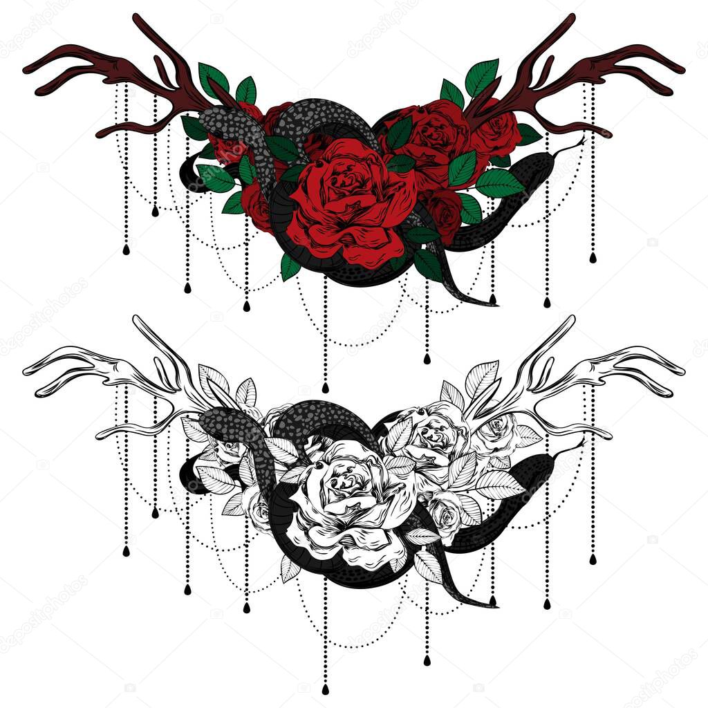 Vintage roses and snakes. Set of gothic tattoos. Collection of graphic and color isolated vector illustrations.