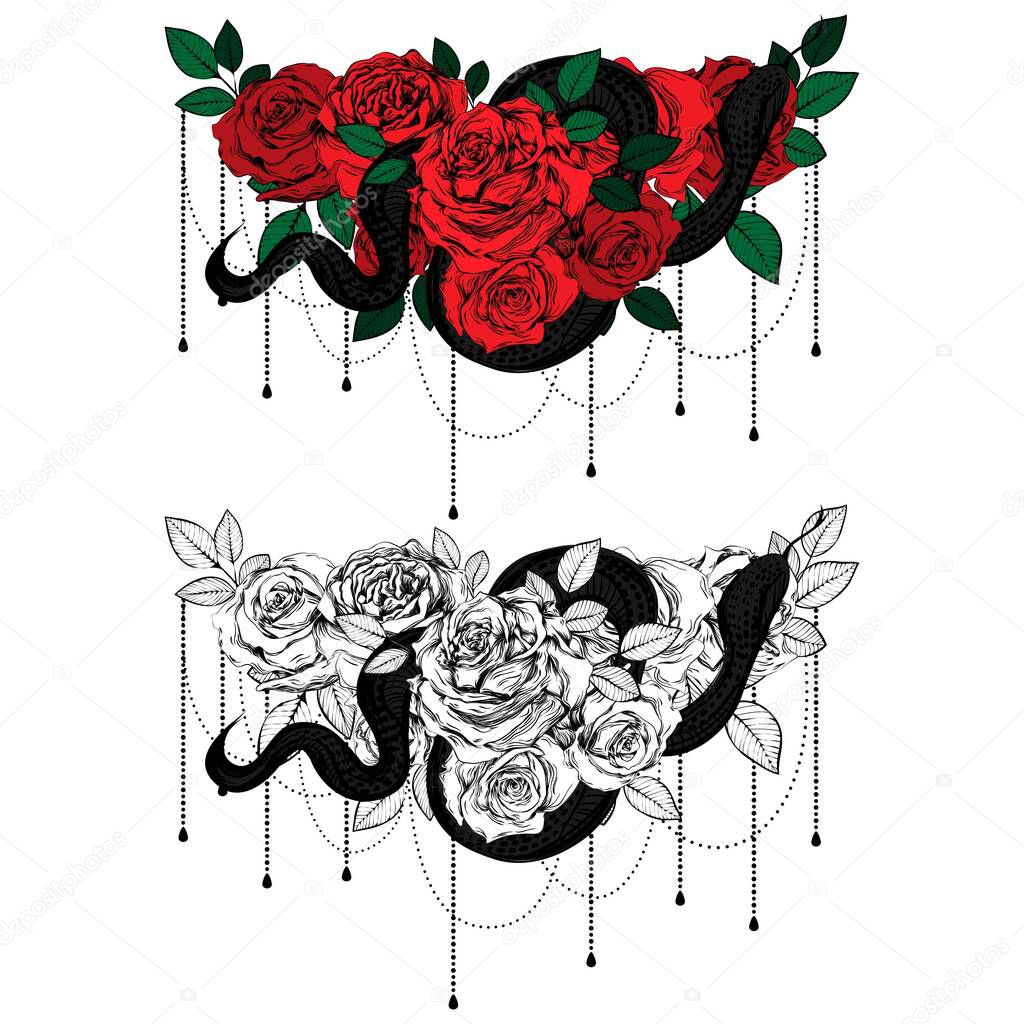 Vintage roses and snakes. Set of gothic tattoos. Collection of graphic and color isolated vector illustrations.