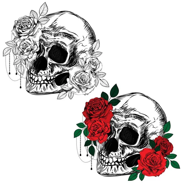 Stare Róże Czaszka Zestaw Gotyckich Tatuaży Zbiór Graficznych Kolorowych Odizolowanych — Wektor stockowy
