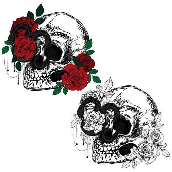 Vintage Roses Skull Snakes Set Gothic Tattoos Collection Graphic Color — Stock Vector