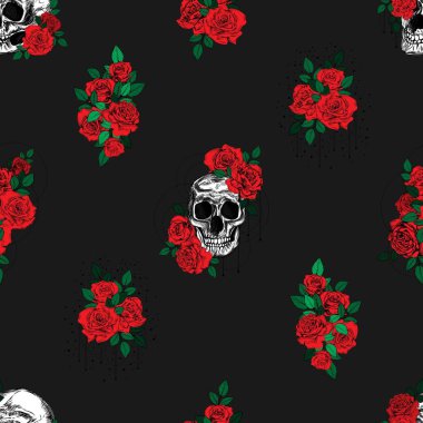 Güller ve yılanlar pürüzsüz desen. Eski dövme baskısı.