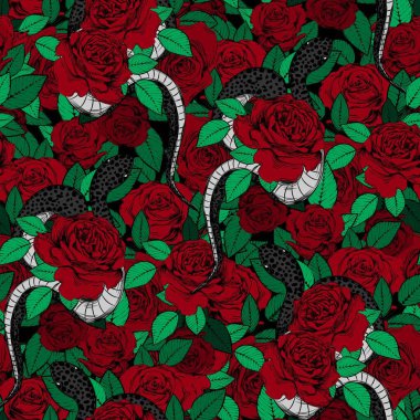 Güller ve yılanlar pürüzsüz desen. Eski dövme baskısı.