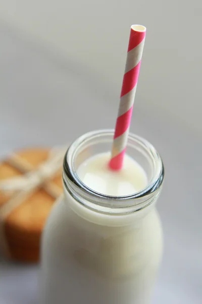 Gezonde zelfgemaakte havermout koekjes en een fles van verse melk — Stockfoto