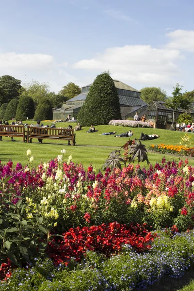 Menschen entspannen sich im Kelvingrove-Park an einem sonnigen Tag in Glasgow — Stockfoto