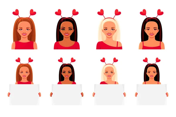 San Valentín Conjunto Sonrientes Mujeres Asiáticas Indias Europeas Con Carteles — Vector de stock