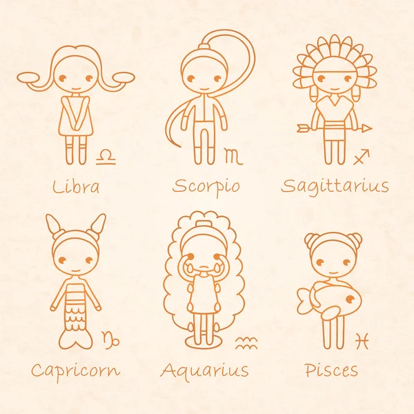Vector brown hand drawing zodiac signs Libra, Scorpio, Sagittarius, Capricorn, Aquarius, Pisces — Stock Vector