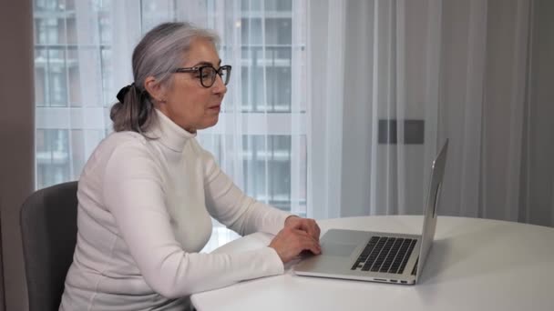 Mulher mais velha feliz falando com webcam fazendo chamada de vídeo à distância no laptop online. — Vídeo de Stock