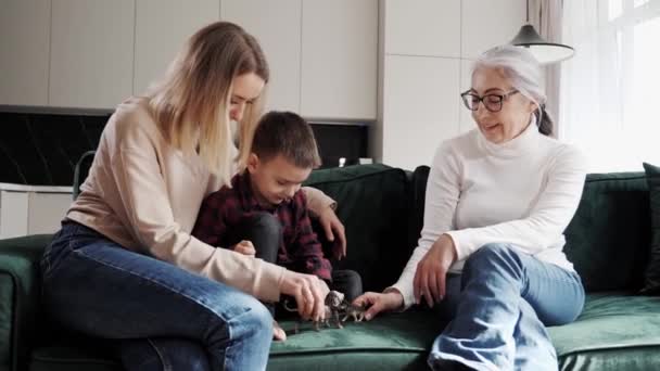 Gyermek fiú felnőtt lánya és öreg nagymama játszik gyerek játékok otthon. — Stock videók