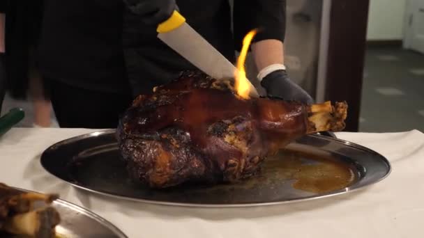 Apetitivo cerdo a la parrilla cocinado en el asador. Pierna asada de carne de cerdo fuego. — Vídeos de Stock