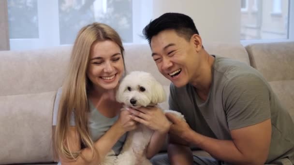 Multinationella unga nygifta par sitter hemma och klappar sin hund. — Stockvideo