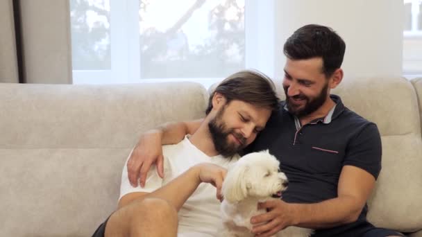 Gay ragazzo amorevole coppia sdraiato su il divano con loro cane. — Video Stock