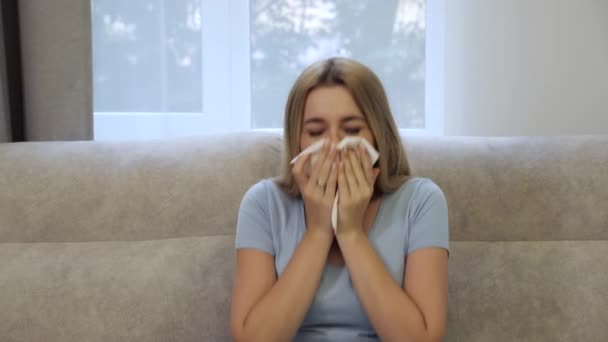 Sick girl got flu concept or caught cold, having allergy symptoms. — Stock Video