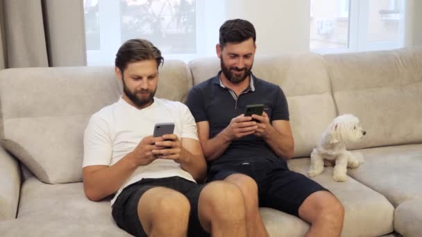 Dois gays sentam-se no sofá usam telefones para navegar na internet em redes sociais. — Vídeo de Stock