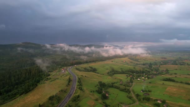 Vol Aérien Au-dessus De Brume Forrest Ciel Bleu Coloré Arbres D'été Tourisme Concept. — Video