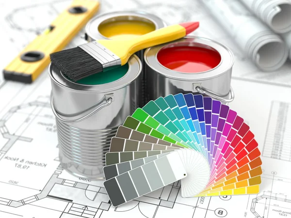 İnşaat. Renk paleti ve fırçalı boya kutuları. 3d