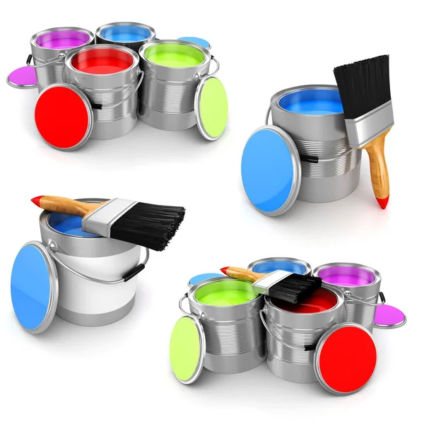 Beyaz arkaplanda 3D renkli boya kovası çizimi