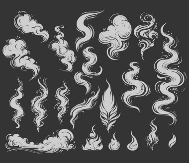 Yumuşak şekilli beyaz duman siluetleri koleksiyonu. Üst üste bindirmeler, arka planlar, görsel efektler, posterler ve yaratıcı tasarım projeleri için ideal.