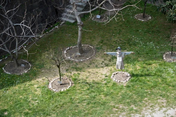BERGAMO, ITALIA - 25 DE MARZO: Espantapájaros en un jardín en Citta Alta — Foto de Stock