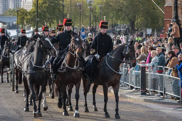 Londres Novembro Hussardos Desfilando Cavalo Lord Mayor Show Londres Novembro — Fotografia de Stock