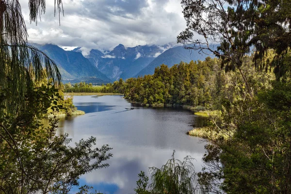 Vista Panorâmica Lago Matheson Nova Zelândia Verão — Fotografia de Stock