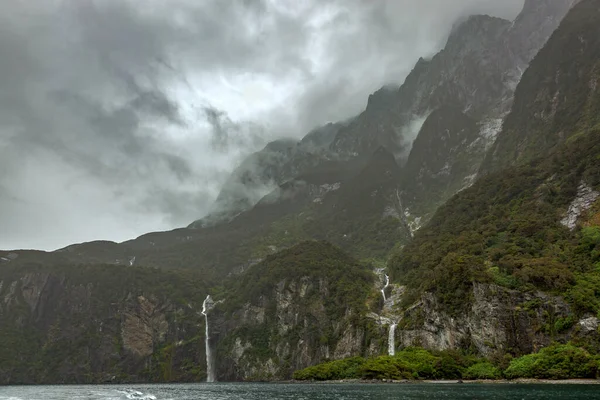 Waterfall Milford Sound Stormy Day — Stock Photo, Image