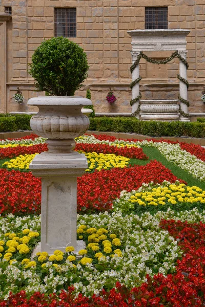 Pienza Tuscany Italien Maj Blommig Utställning Utanför Pienza Cathedral Pienza — Stockfoto