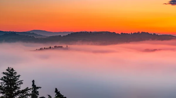 清晨的薄雾在日出时分淹没了托斯卡纳山谷 — 图库照片