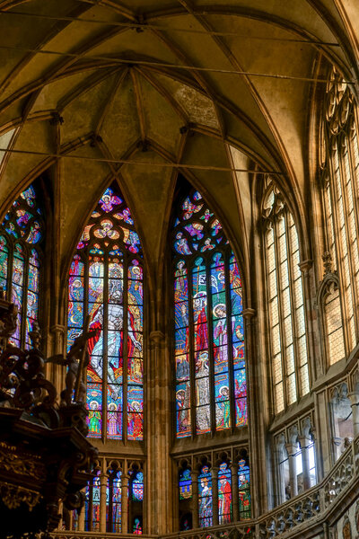Stained glass window in St Vitus Cathedral in Prague
