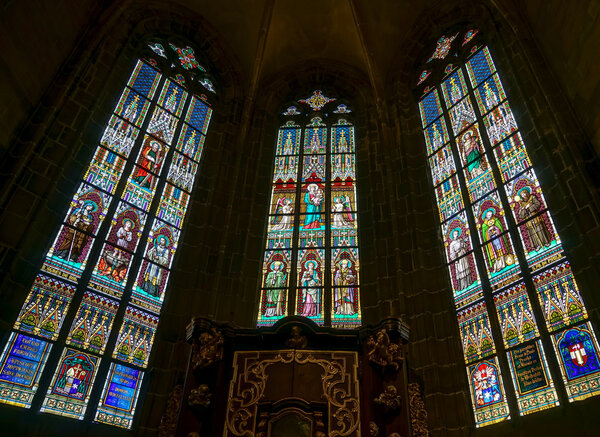 Stained glass window in St Vitus Cathedral in Prague