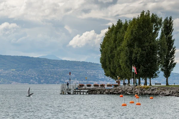 Mann steht auf einem Steg am Ufer des Genfer Sees in der Schweiz — Stockfoto