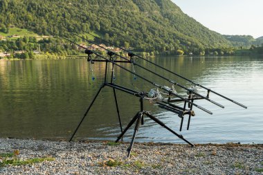 LAKE ENDINE, LOMBARDY/ ITALY - SEPTEMBER 19: Fishing rods at Lak