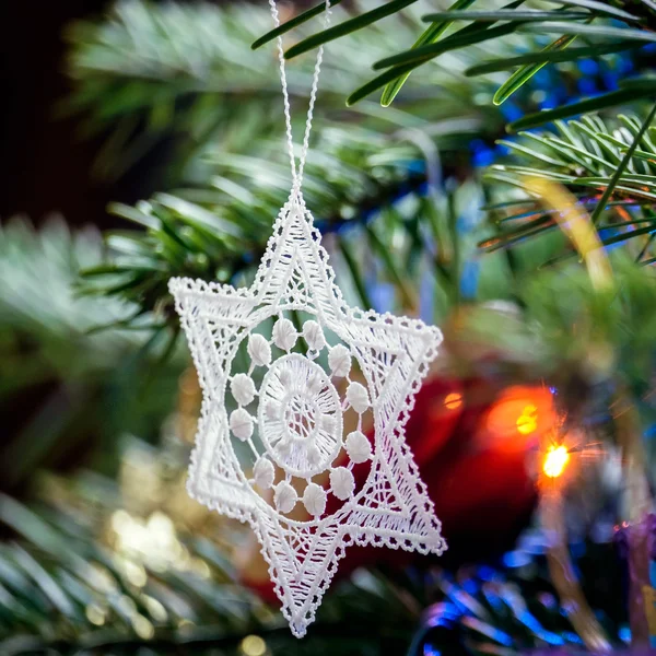 Crocheted Star on a Christmas Tree — Stock Photo, Image