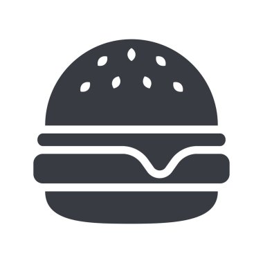 Lezzetli hamburger ikonu. Siyah vektör düz tasarım çizimi. Abur cubur silueti.