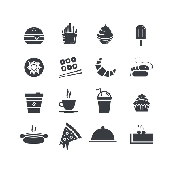 Food and drink icon set. Vector flat design web icons. Hamburger, hot dog, coffee, tea, ice cream, popsicle, French fries, donut, sushi, croissant, takeaway, slice of pizza, dish tray, cupcake.