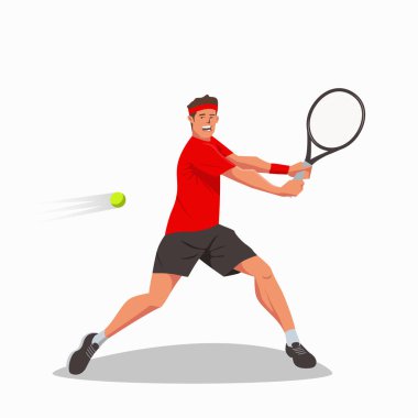 Bir tenis oyuncusu tenis raketini iki elinde tutar ve tenis topuna vurmak için sallanır.