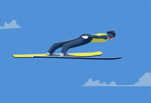 Atleta di salto con gli sci vola alto nel cielo parallelo al suolo. — Vettoriale Stock