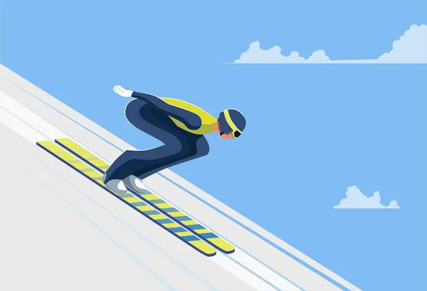 Esquí salto atleta cielos por una rampa — Vector de stock