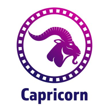 Siyah zodyak tabelasında daireler çizerek boynuzlu bir keçi kafası tasvir ediliyor. Yan görüş. Astroloji işaretinin tasviri. Dağ keçisinin vektör düz tasarım simgesi