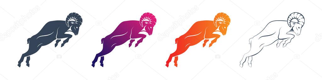 Set of ram profile icons with a large horn. Side view. Zodiac astrological symbol of the sheep. Aries illustration vector flat design. Silhuette of a goat as a mascot of fortune and sport