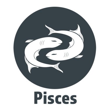 Siyah zodyak işareti iki balığın zıt yönlere hareket ettiğini gösteriyor. Astroloji işaretinin tasviri. Vektör düz tasarım simgesi.